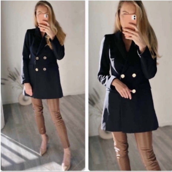 Zara Double Breasted Frock Long Double Breasted Blazer Coat Black - Picture 1 of 8